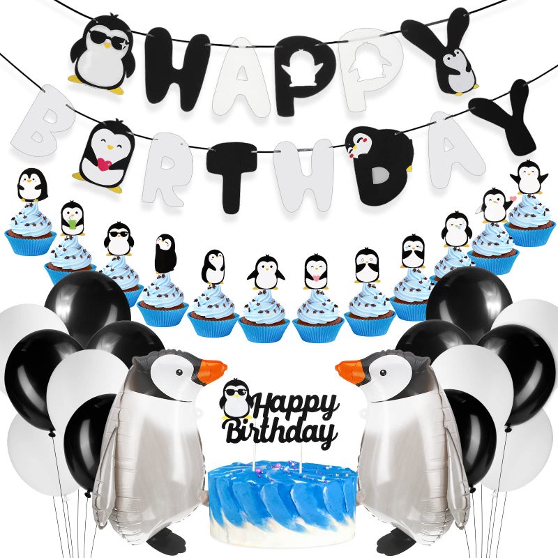 Gejoy 48 Pcs Penguin Birthday Party Decoration Includes Happy Birthday Penguin Banner Walking Balloons Cake Topper Latex Balloons Party Supplies for Winter Baby Shower - Image 1