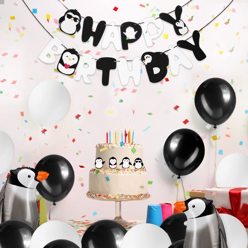 Gejoy 48 Pcs Penguin Birthday Party Decoration Includes Happy Birthday Penguin Banner Walking Balloons Cake Topper Latex Balloons Party Supplies for Winter Baby Shower - Image 5