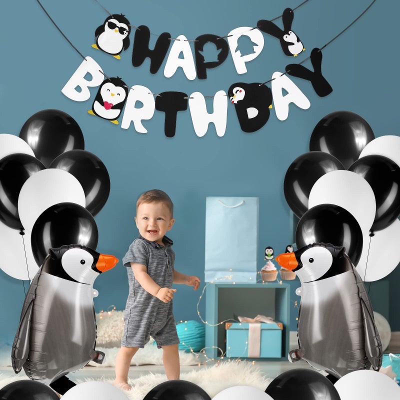 Gejoy 48 Pcs Penguin Birthday Party Decoration Includes Happy Birthday Penguin Banner Walking Balloons Cake Topper Latex Balloons Party Supplies for Winter Baby Shower - Image 4
