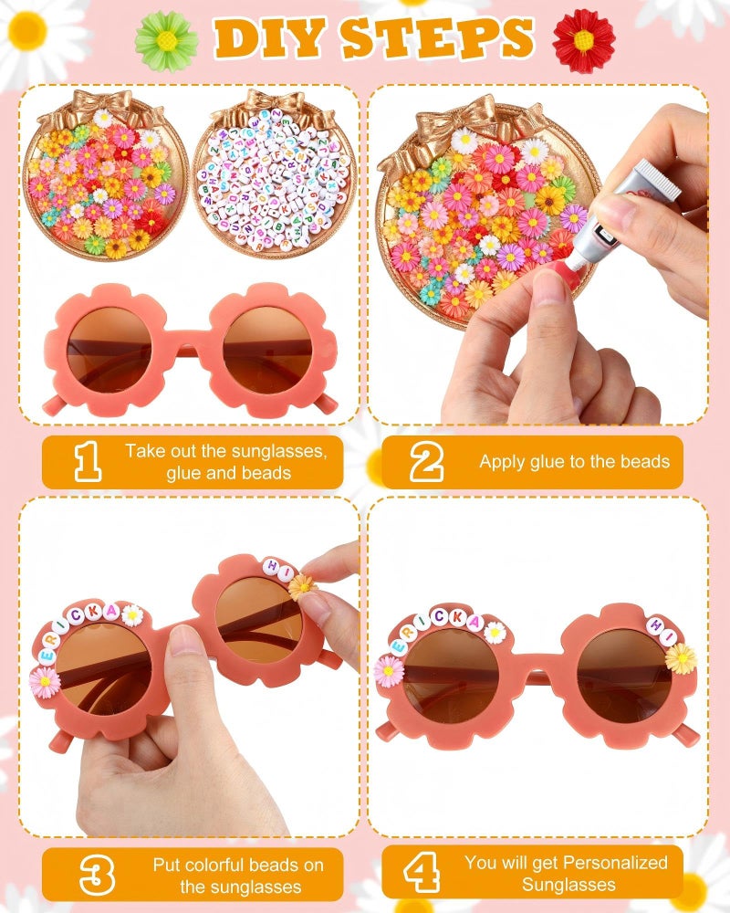 Cindeer 24 Pairs Flower Sunglasses Kids DIY Round Boho Flower Sunglasses Set Includes 100 Pcs Daisy Charm 416 Letter Beads and Glue for Kid Girls Party Favors Gifts Supplies - Image 4