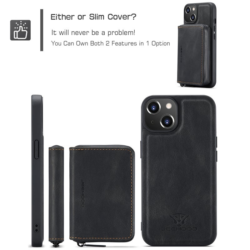 BURAQ Case Cover For iPhone 15 Plus JEEHOOD Magnetic Zipper Wallet Leather Phone Case(Black) - Image 4