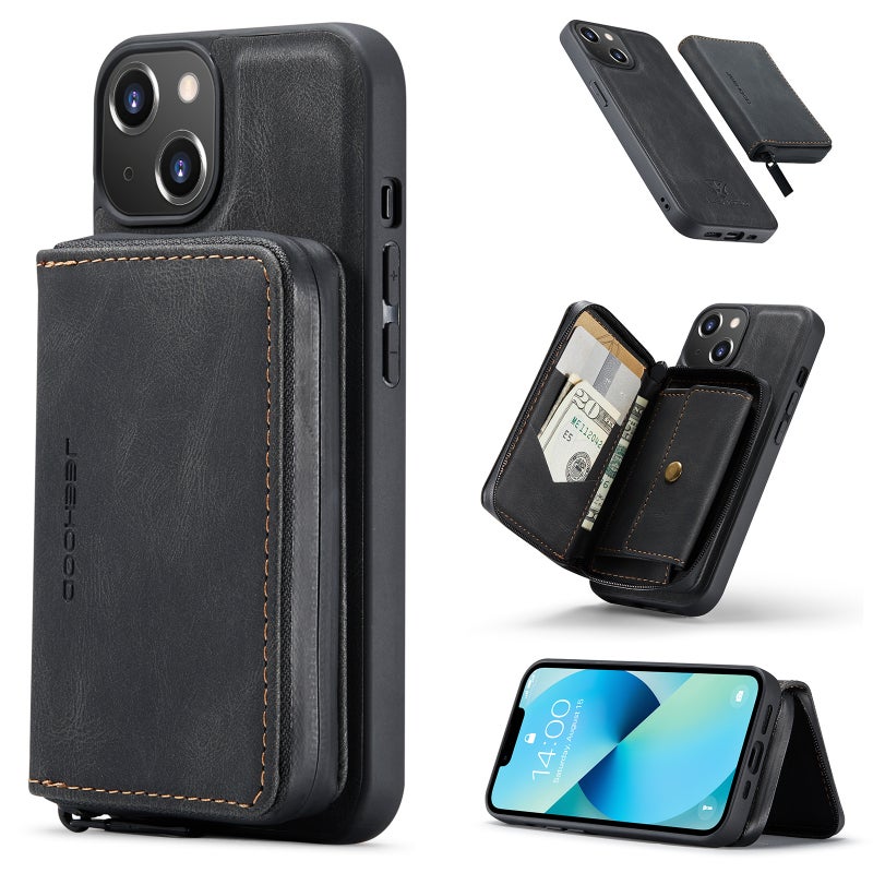 BURAQ Case Cover For iPhone 15 Plus JEEHOOD Magnetic Zipper Wallet Leather Phone Case(Black) - Image 1