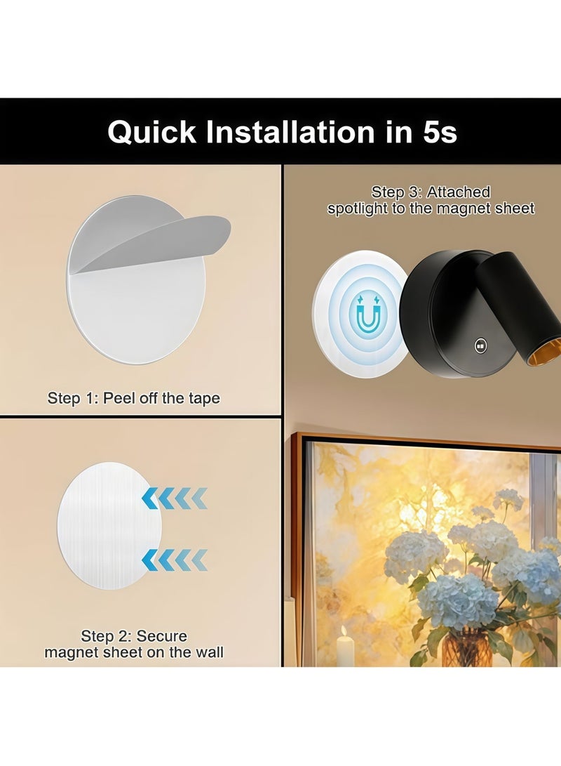 بلو هول مصباح جداري أسود لاسلكي LED قابل للشحن مع 3 درجات دفئية قابلة للضبط، لا يحتاج إلى ثقب، مصباح قراءة محمول ومصباح ليل صغير - Image 3