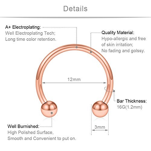 SCERRING 8PCS 16G Stainless Steel Nose Septum Horseshoe Earring Eyebrow Septum Lip Helix Tragus Cartilage Piercing Ring 6mm,8mm,10mm,12mm - Rose Gold - Image 2