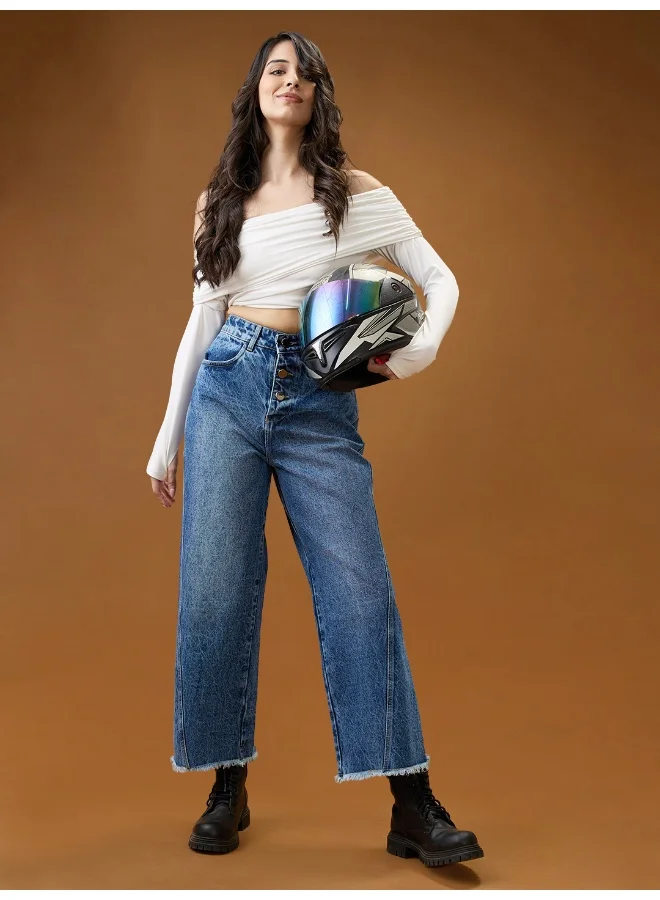 globus Globus Women Mid Blue Cotton High-Rise Light Fade Frayed Hem Wide Leg Denim Jeans