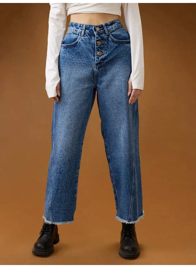 globus Globus Women Mid Blue Cotton High-Rise Light Fade Frayed Hem Wide Leg Denim Jeans