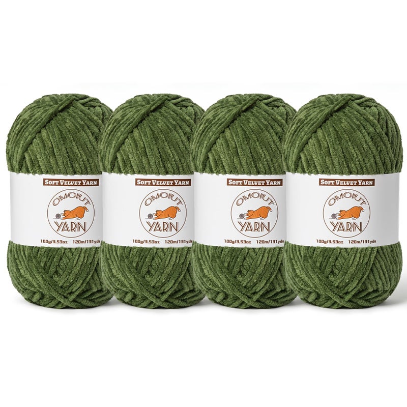 OMoiut 4 Pack Army Green Fluffy Velvet Yarn for Crocheting, Chunky Chenille Baby Blanket Yarn for Crochet, Soft Fuzzy Puzzle Yarn for Knitting, (100g/3.53oz Each) Bulky Thick Amigurumi Crochet Yarns - Image 1