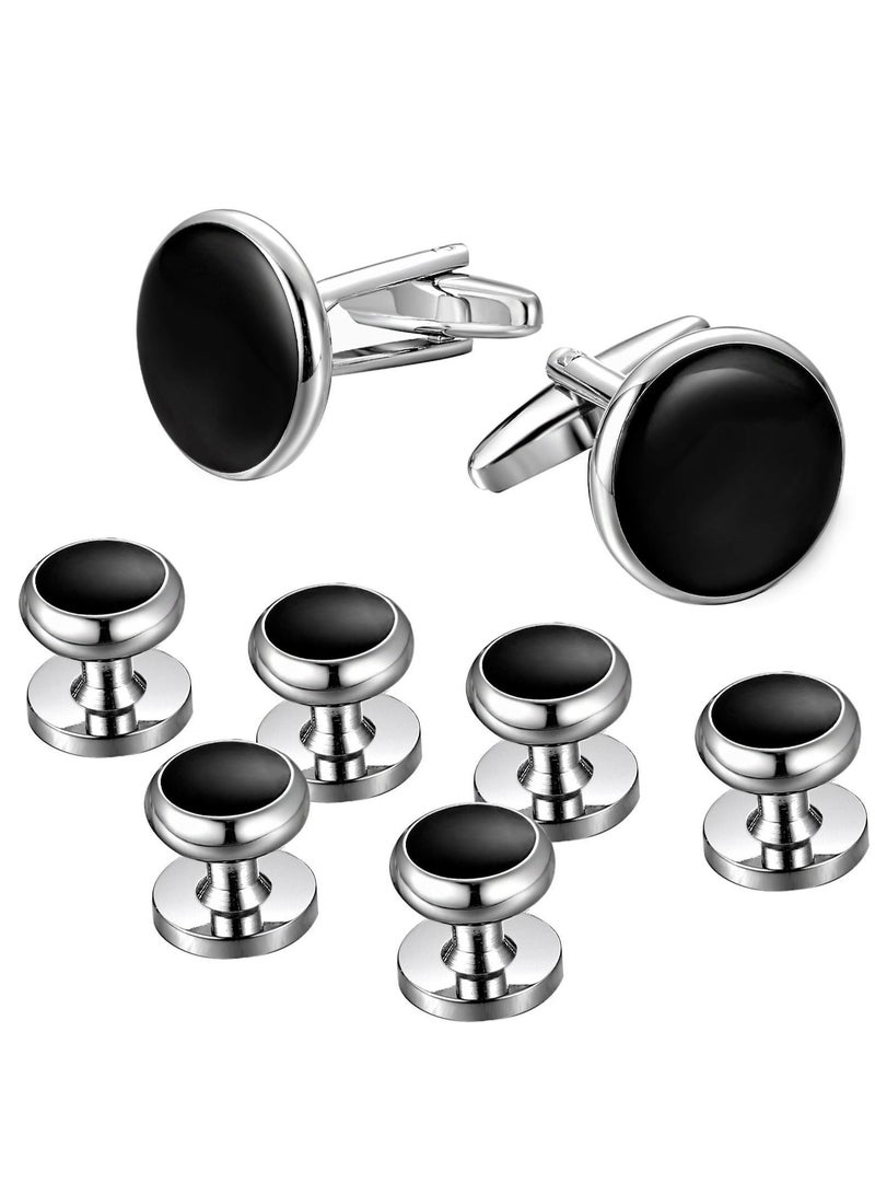 Oasisgalore Men's Cufflinks and Studs Set, Classic Black & Silver for Tuxedo Shirts, Business, Wedding, Formal Suit - Image 1