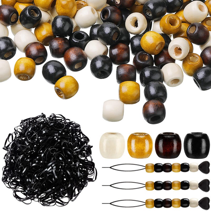 663 Pieces Wooden Hair Beads Set Including 160 Barrel Wood Beads European Wood Loose Beads 500 Black Elastic Hair Bands with 3 Quick Beader Black Light Brown White Brown043 x 047 x 02 Inch