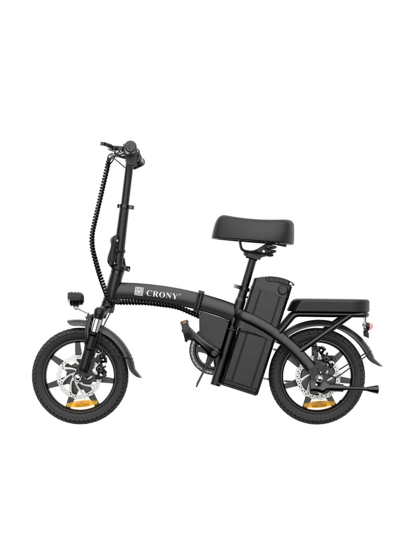 كروني دراجة كهربائية قابلة للطي مقاس 14 بقدرة 350 واط وبطارية قابلة للإزالة 48 فولت 7.5 أمبير، مدى 31 كم، دراجة كهربائية خفيفة محمولة للتنقل، سرعة 15–32 كم/ساعة، وضع المساعدة بالدواسات ووضع القيادة الكهربائية، شوكة أمامية ممتصة للصدمات، مصابيح أمامية وخلفية LED، فرامل قرصية ميكانيكية، دراجة كهربائية مدمجة للمدينة للبالغين. - Image 1