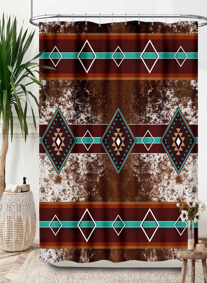 Lnepty Western Cowhide Shower Curtain,Western Brown Cow Print Retro Aztec Tribe Farm Animals Bull Cattle Skin Bathroom Decor Country Waterproof Fabric Shower Curtain Set with Hooks,72x72Inch - Image 1