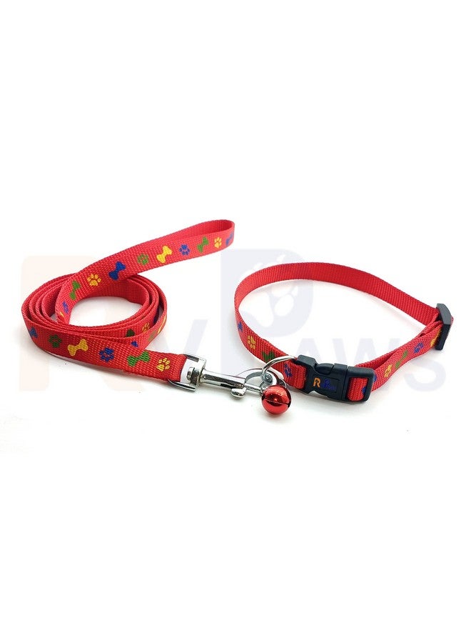15 Mm Nylon Collar And Leash Set Puppy Printed With Bell, Adjustable Buckle Collar With Leash Set Ideal For Puppies And Small Dogs (Red Pattern -1) - Image 1