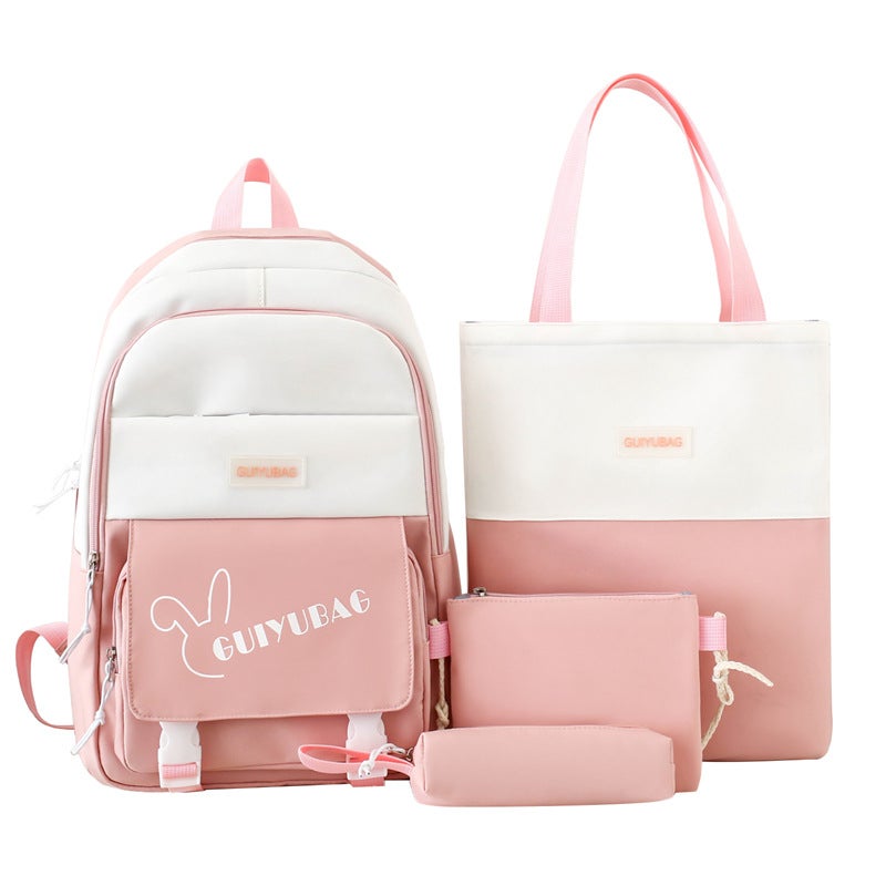Korean Style Large Capacity Backpack Set for Students Pink four-piece set 