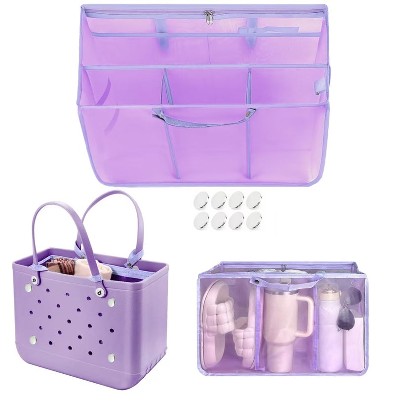 XYFuuee Beach Bag Organizer Inserts for Original Large Bogg Bag Accessories with 8 Removable Metal Fasteners, Lightweight Mesh Insert Divider Pouch, Organizing Rubber Tote, Save Space, Purple XL - Image 1