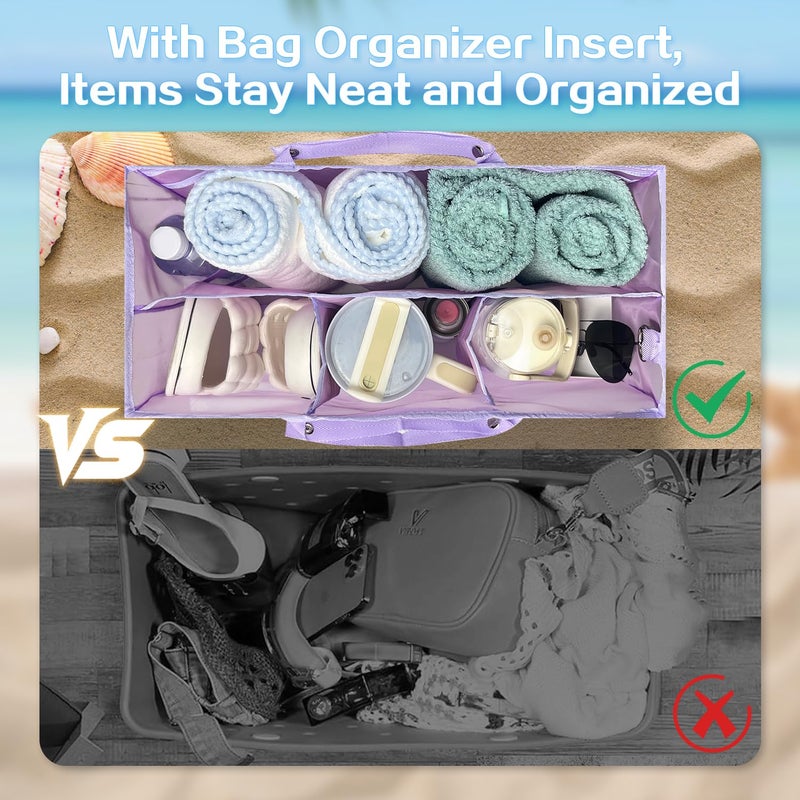 XYFuuee Beach Bag Organizer Inserts for Original Large Bogg Bag Accessories with 8 Removable Metal Fasteners, Lightweight Mesh Insert Divider Pouch, Organizing Rubber Tote, Save Space, Purple XL - Image 3