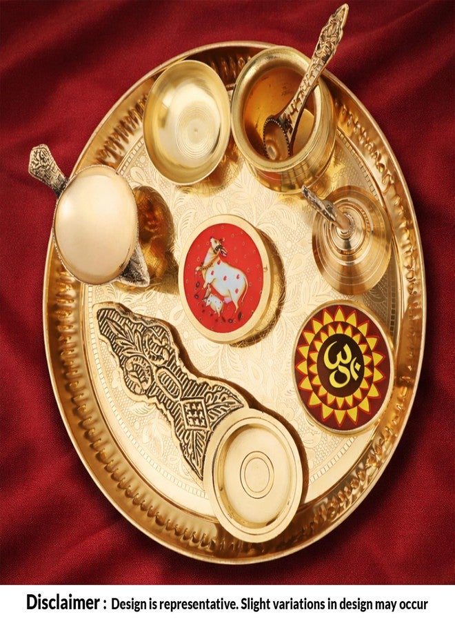 COPRASIA Traditional Brass Puja Thali Set for Mandir & Festivals | Brass Aarti Thali Plate for Bhog, Diya & Pooja Rituals | Ideal for Diwali Navratri Karwa Chauth Home Temple Decor (Set of 9 - Image 3