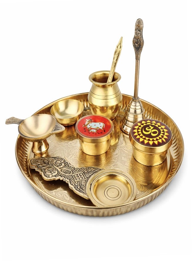 COPRASIA Traditional Brass Puja Thali Set for Mandir & Festivals | Brass Aarti Thali Plate for Bhog, Diya & Pooja Rituals | Ideal for Diwali Navratri Karwa Chauth Home Temple Decor (Set of 9 - Image 1