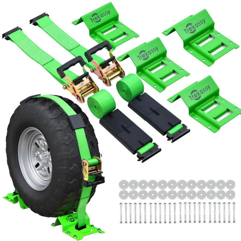 Trekassy Wheel Chock TieDown Kit with Rubber Blocks 4500lb Break Strength Heavy Duty E Track Trailer Tire Straps for ATV UTV Lawn Mower 2 Pack