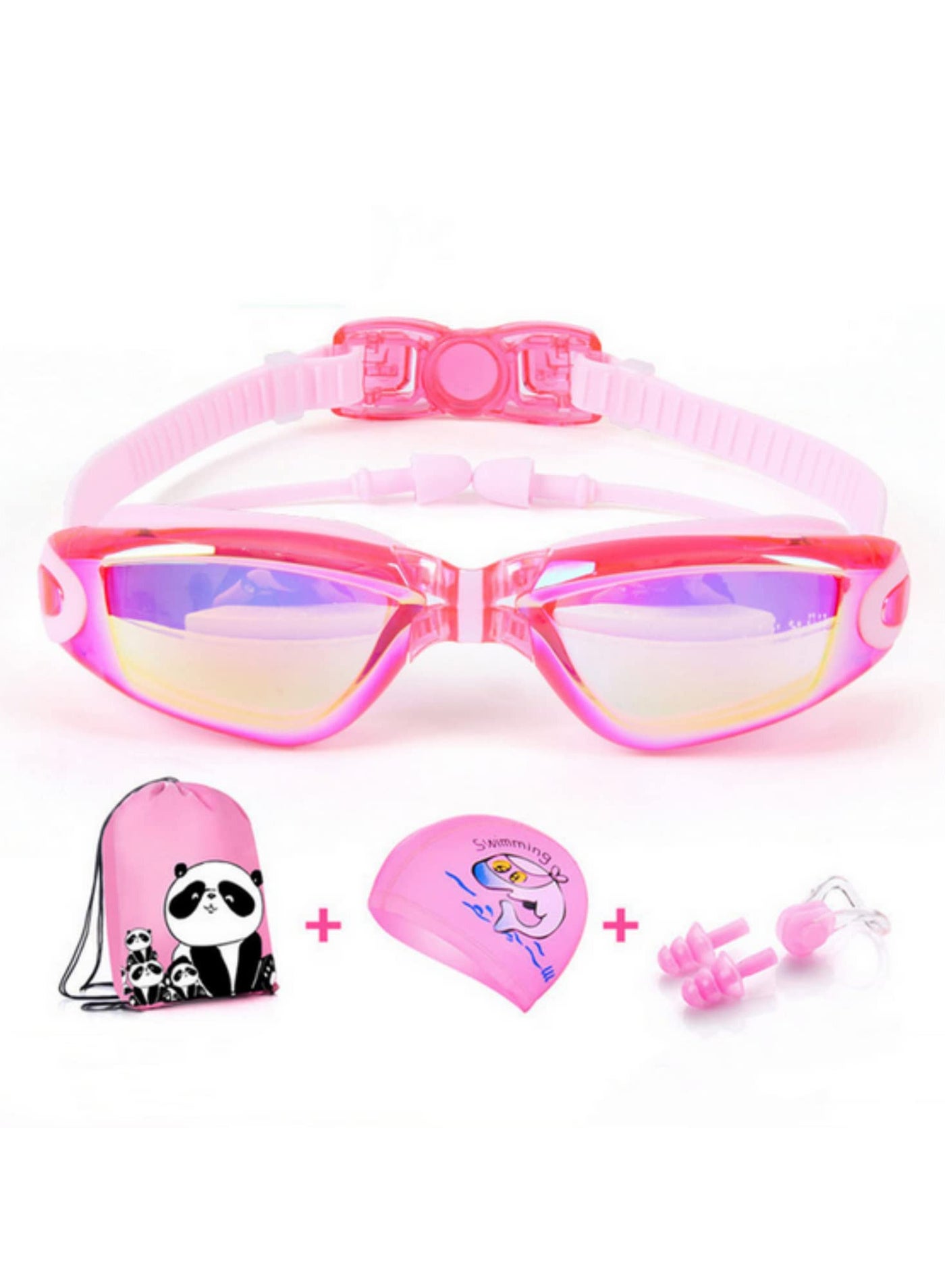 Swim Goggles Set Kids Swimming Goggles for Boys and Girls Adjustable Straps Silicone Eye Seal Leak proof UV Protection and Anti Fog Lenses Swimming Goggles with Ear Plug Nose Clip(Age 4-12) PInk