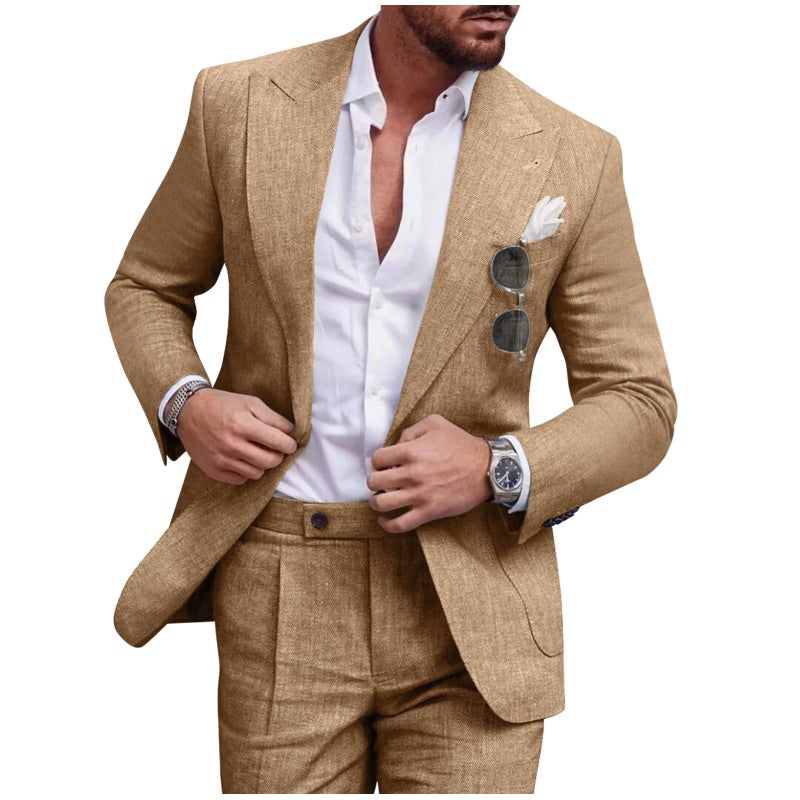 Diaryan Men Suits Linen Formal Tuxedo Regular Fit Blazer 2 Piece Khaki One Button Solid Jacket and Pants for Prom Wedding XL