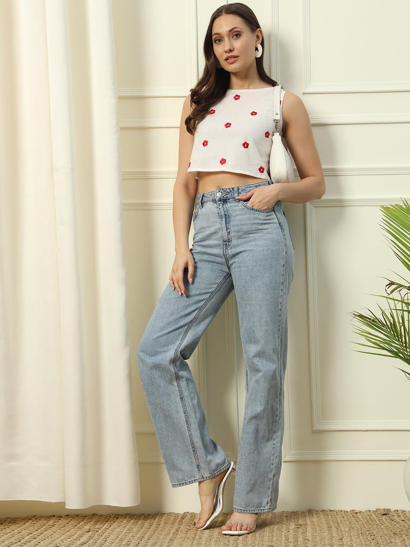 FIORRA Women's White Embroidered Cotton Crop Top TOP014 - Image 5