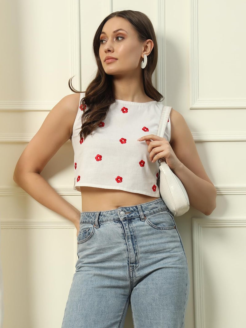 FIORRA Women's White Embroidered Cotton Crop Top TOP014 - Image 4