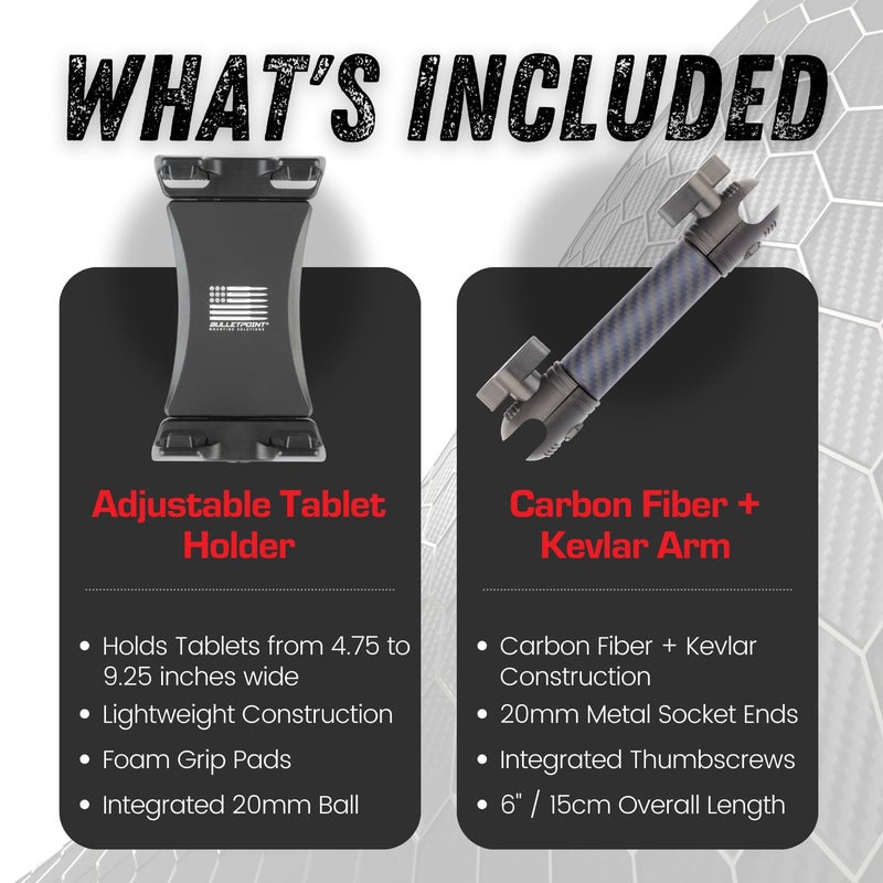 Bulletpoint Mounting Solutions Universal Tablet Mount for Truck Compatible with Apple iPad & Samsung Tablets - 20mm Integrated Ball with 7cm Matte Carbon Fiber + Kevlar Mounting Arm - Image 4