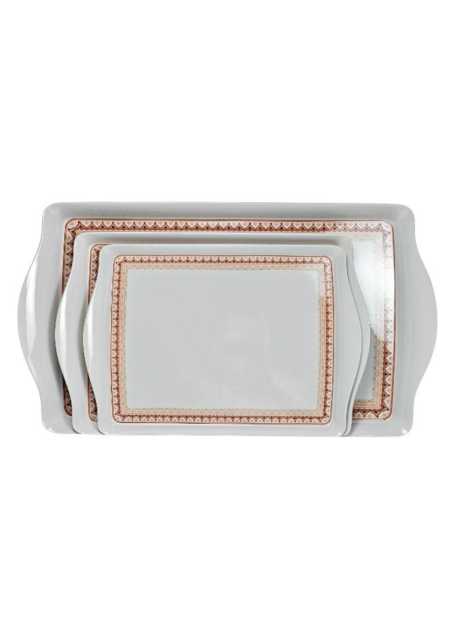 Trust 3-Piece Melamine Rectangular Serving Tray Set White with brown patterned border, Small Size 45cm, Medium Size 50cm, Large Size 65cm - Image 3