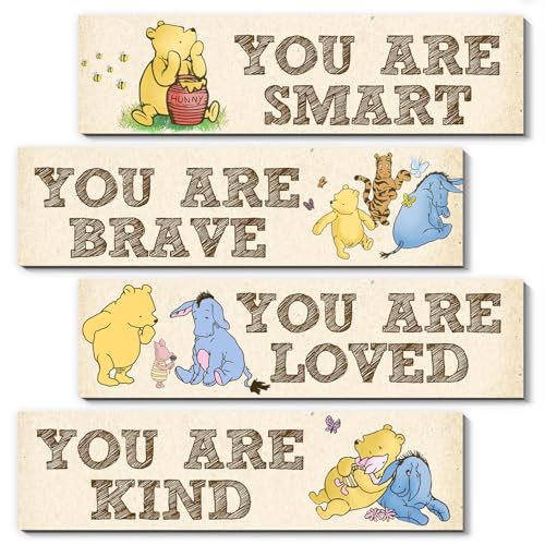 BirtDerr Winnie Room Decor- the Pooh Sign-Wooden Baby Stuff-Vintage Nursery Decor-4PCS Wall Decor Wall Art(Classic)-You Are Kind Brave - Image 1