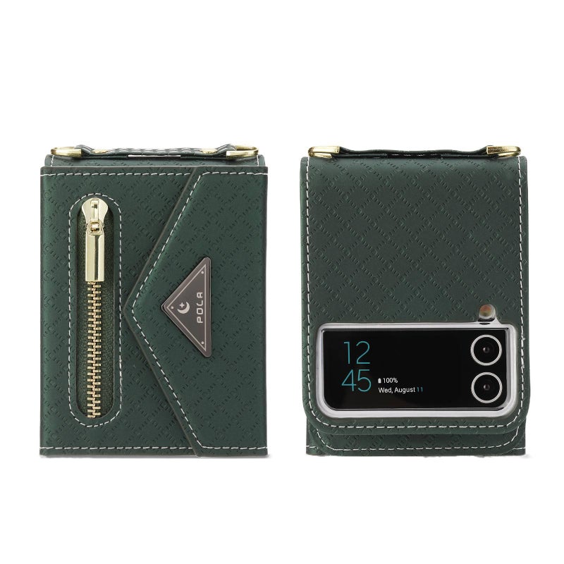 غطاء واقي بPU لـ Samsung Galaxy Z Flip 5 باللون Dark Green بوظيفة حامل مع حامل بطاقات وحامل قائم مع مقاوم للصدمات مع حماية من السقوط للاستخدام العملي للحمل اليومي - Image 1