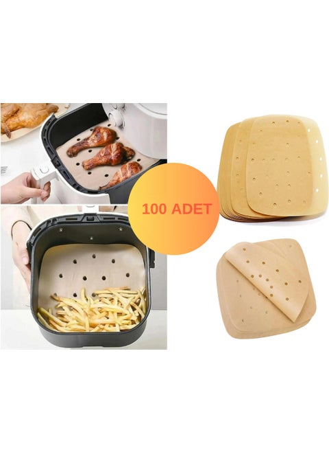 Airfryer Baking Paper 100 Pieces Perforated Square Air Fryer Paper, Compatible with Philips Xiaomi Tefal and All Models, Perforated Airfryer Baking Mat, Disposable Perforated Model