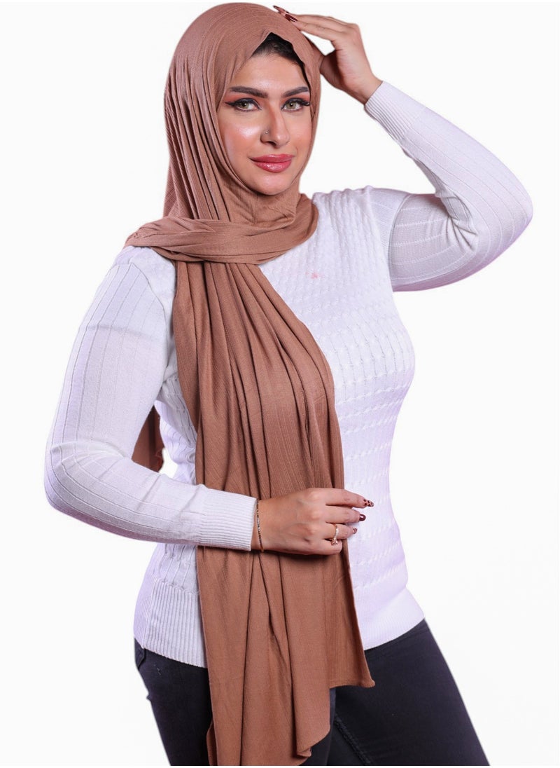 Generic - Easy Wear Kuwaiti Stretch Cotton Scarf Connected in the Middle, Luxury Islamic Kuwaiti Style Hijab for Women, Ladies Head Scarf Shawl, Wrap Hijab Scarf (200x75cm), Cinnamon Brown - Image 1