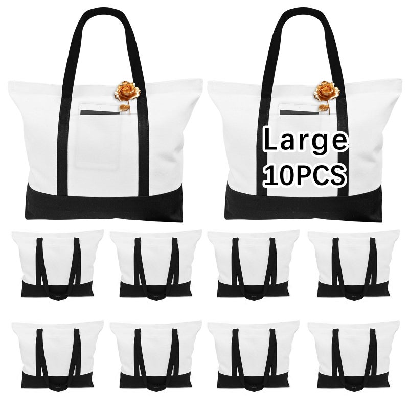 OKBA 10 PCS Stylish canvas tote bags for women,blank large size tote bag With zipper,sublimation tote bag with pockets (Black/white*10PCS) - Image 1