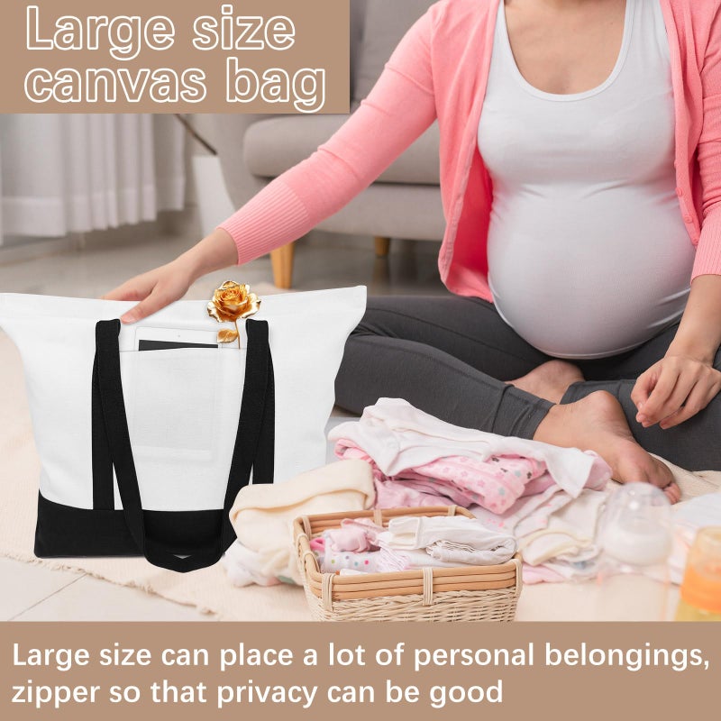 OKBA 10 PCS Stylish canvas tote bags for women,blank large size tote bag With zipper,sublimation tote bag with pockets (Black/white*10PCS) - Image 2