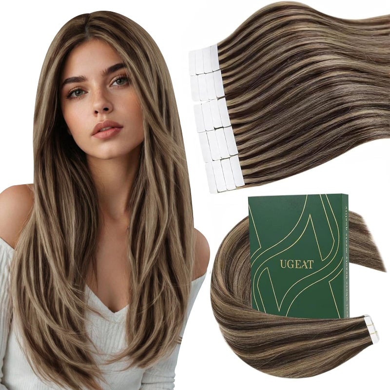 Ugeat Tape in Hair Extensions Human Hair Blonde Tape in Extensions Caramel Color Straight Short Dark Brown Highlights with Caramel Blonde Seamless Add Volume for All Day Use 14Inch 20Pcs 40G