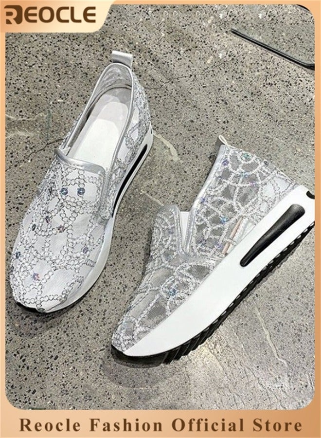 ريوكل حذاء مشي نسائي شبكي سهل الارتداء مزود بالترتر، حذاء رياضي أنيق قابل للتنفس، حذاء رياضي لامع ونعل سميك، صنادل كاجوال - Image 1