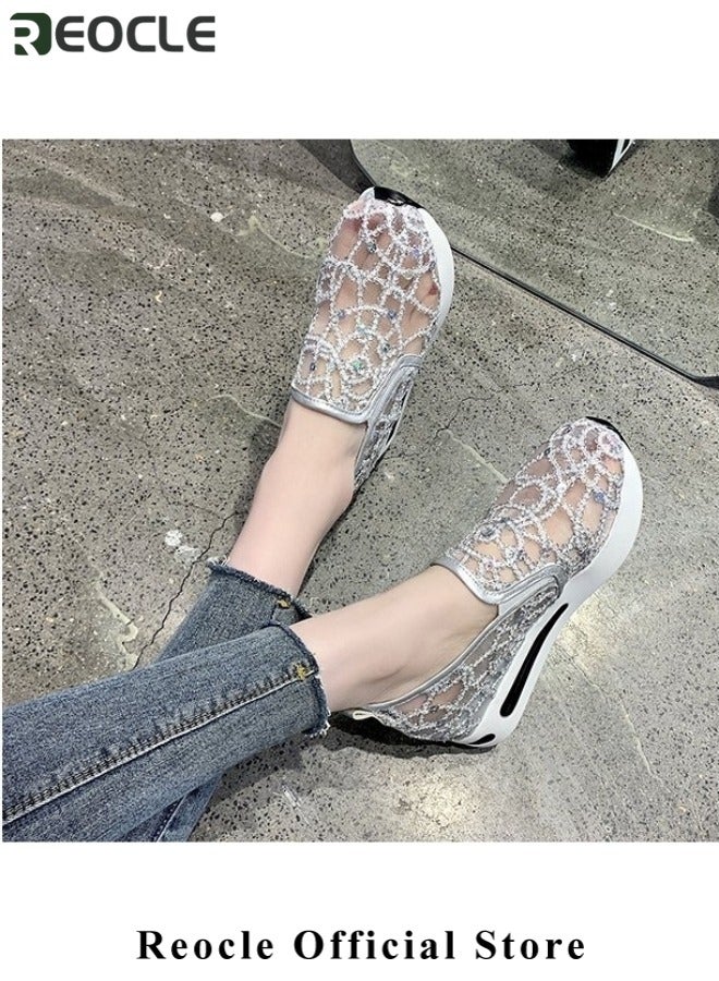 ريوكل حذاء مشي نسائي شبكي سهل الارتداء مزود بالترتر، حذاء رياضي أنيق قابل للتنفس، حذاء رياضي لامع ونعل سميك، صنادل كاجوال - Image 2