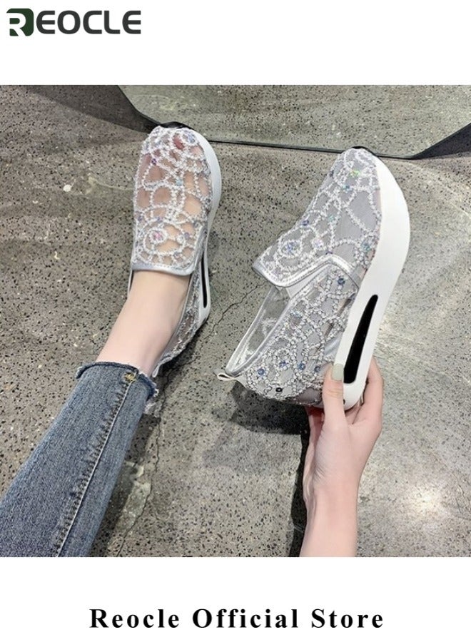 ريوكل حذاء مشي نسائي شبكي سهل الارتداء مزود بالترتر، حذاء رياضي أنيق قابل للتنفس، حذاء رياضي لامع ونعل سميك، صنادل كاجوال - Image 3