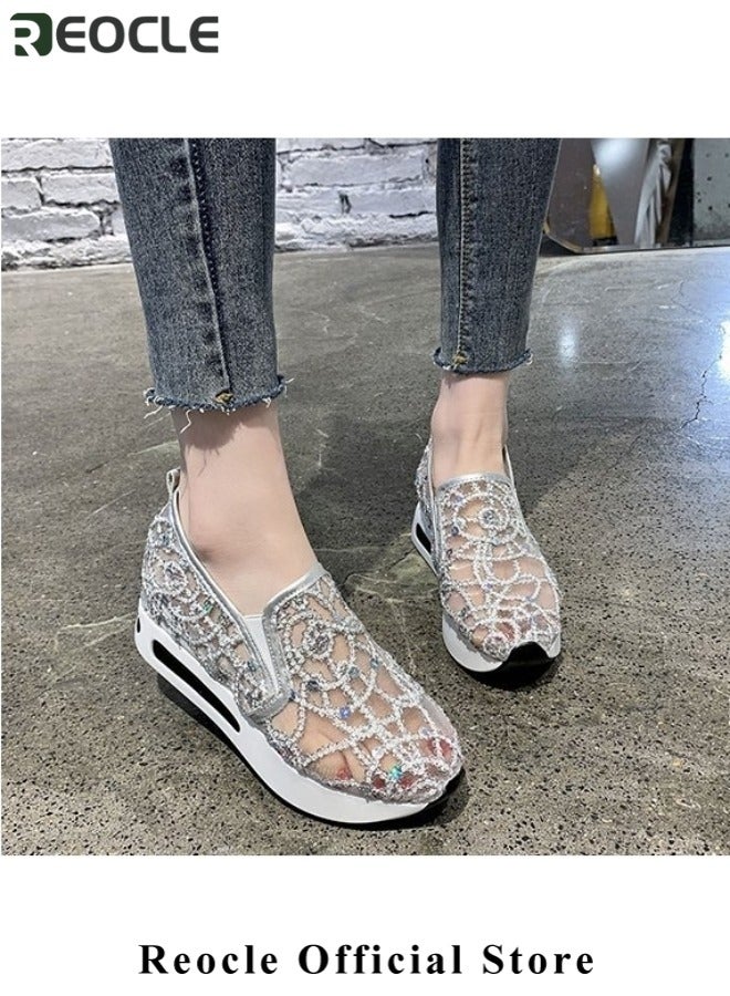 ريوكل حذاء مشي نسائي شبكي سهل الارتداء مزود بالترتر، حذاء رياضي أنيق قابل للتنفس، حذاء رياضي لامع ونعل سميك، صنادل كاجوال - Image 4