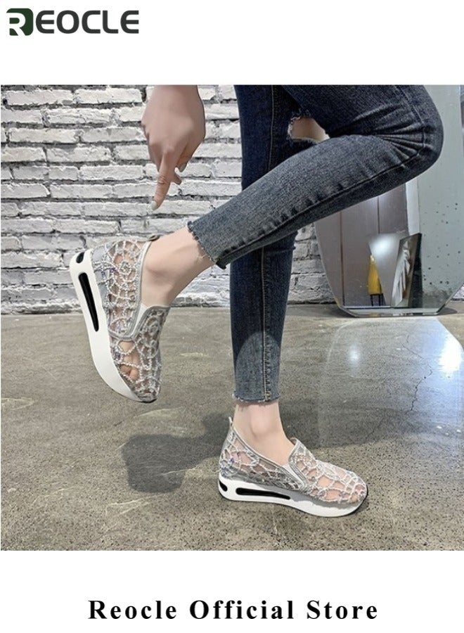 ريوكل حذاء مشي نسائي شبكي سهل الارتداء مزود بالترتر، حذاء رياضي أنيق قابل للتنفس، حذاء رياضي لامع ونعل سميك، صنادل كاجوال - Image 5