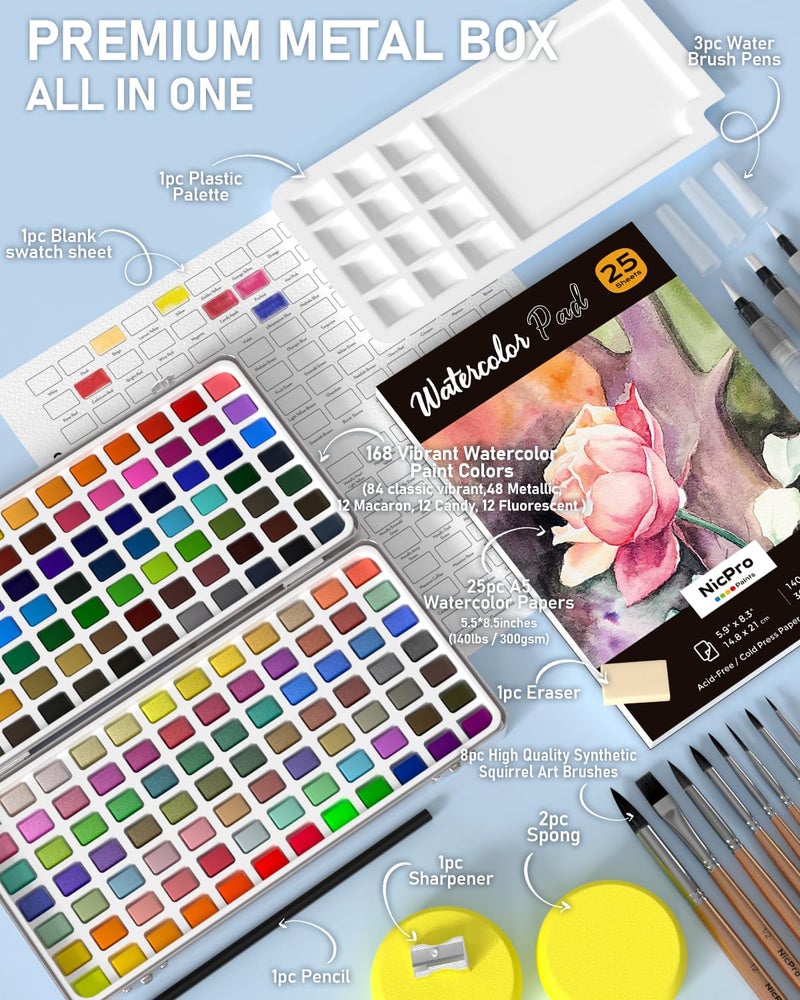 Nicpro 168 Colors Watercolor Paint Set include Metallic Macaron Candy Fluorescent, 8 Synthetic Squirrel Painting Brushes, 25 Water Color Paper, Palette, Art Supplies Kit for Artist Adult Beginner with Box - Image 3