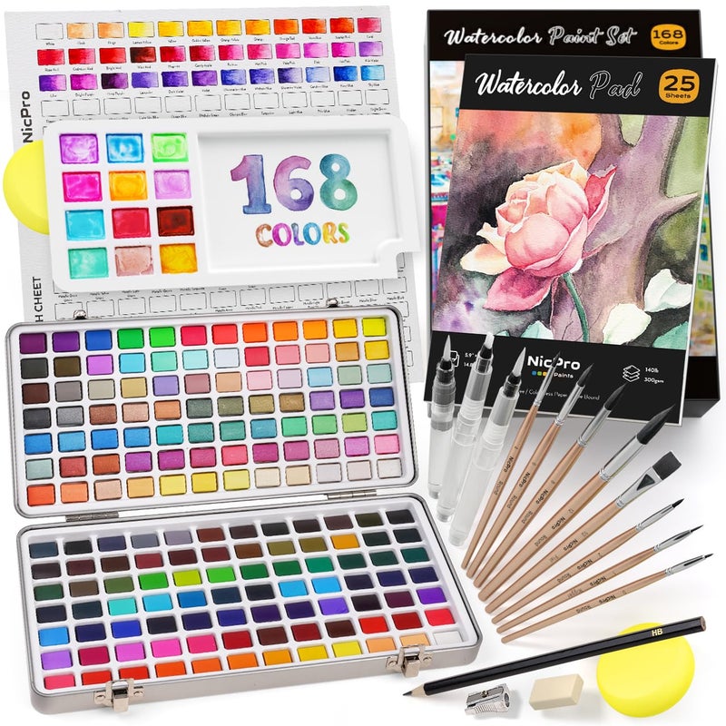 Nicpro 168 Colors Watercolor Paint Set include Metallic Macaron Candy Fluorescent, 8 Synthetic Squirrel Painting Brushes, 25 Water Color Paper, Palette, Art Supplies Kit for Artist Adult Beginner with Box - Image 1