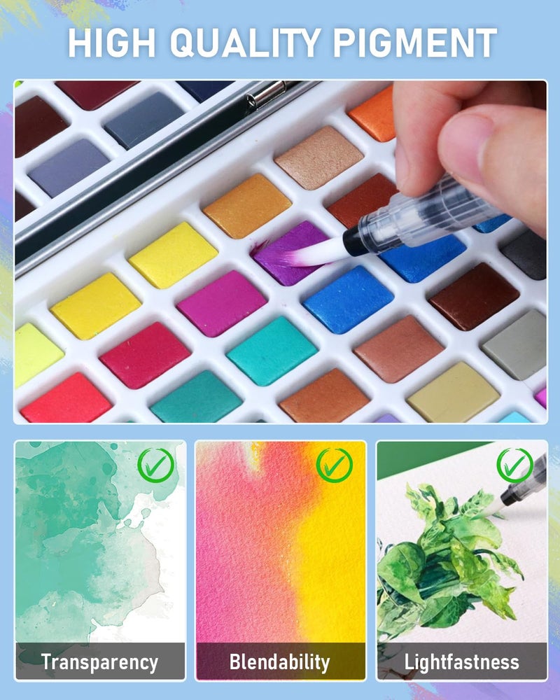 Nicpro 168 Colors Watercolor Paint Set include Metallic Macaron Candy Fluorescent, 8 Synthetic Squirrel Painting Brushes, 25 Water Color Paper, Palette, Art Supplies Kit for Artist Adult Beginner with Box - Image 4