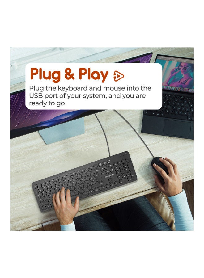 PROMATE Wired Keyboard with 1200 DPI Mouse, 106-Keys Quiet, Slim Design and Angled Kickstand, COMBO-KM2.EN Black - Image 4