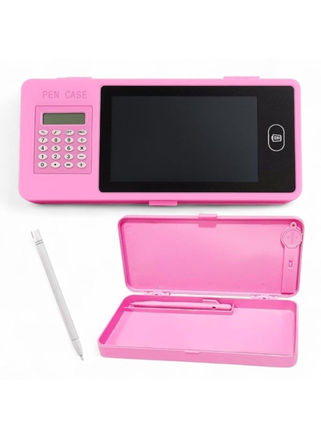 LCD Writing Tablet Pencil Box with Calculator, Drawing Board Case with Erase Button & Writing Pen, Doodle Writing Board for School Going, Storage for Stationery, Return Gift for Kids (Pink) - Image 1