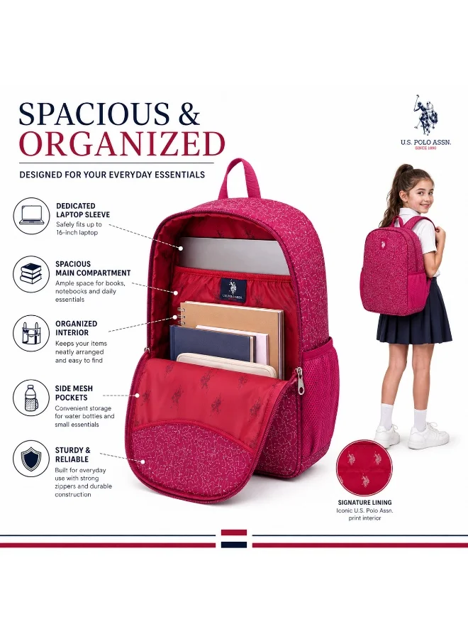 U.S. Polo Assn.  U.S. Polo Assn. Classic Fuchsia Geo Line Print Backpack for School and Office MultiCompartment Bag for Campus  | Best Price UAE