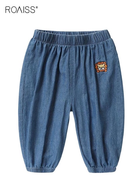 بنطلون جينز للأطفال الصغار للصيف، بنطلون جينز بخصر مطاطي مع تطريز حيوانات، بنطلون كاجوال متعدد الاستخدامات، مناسب للارتداء اليومي والأنشطة الخارجية