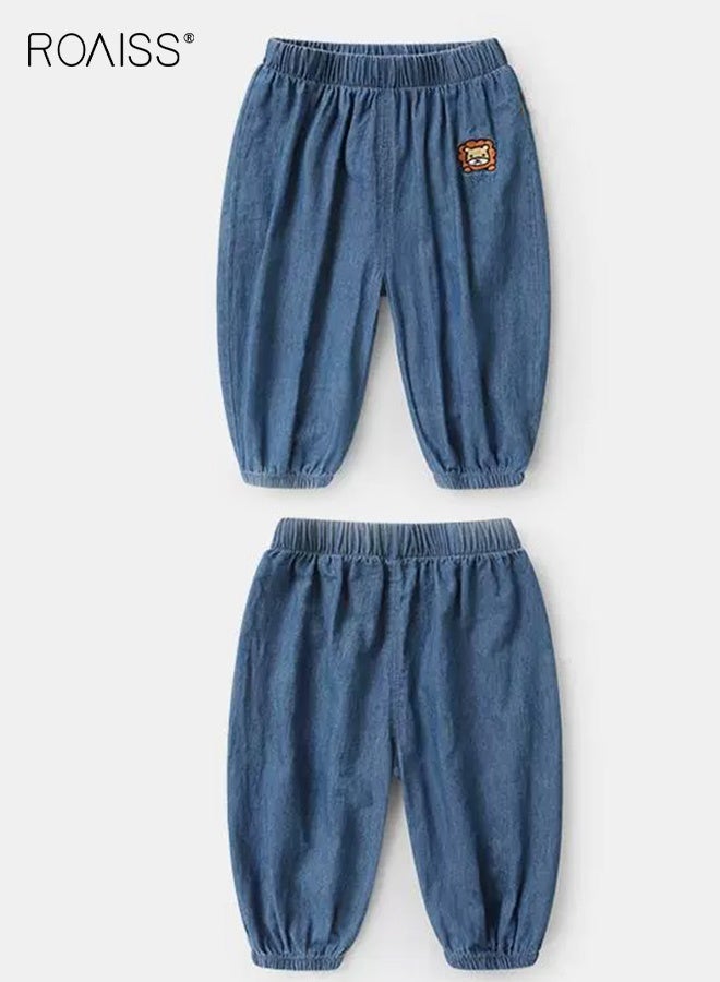 رويس بنطلون جينز للأطفال الصغار للصيف، بنطلون جينز بخصر مطاطي مع تطريز حيوانات، بنطلون كاجوال متعدد الاستخدامات، مناسب للارتداء اليومي والأنشطة الخارجية - Image 2