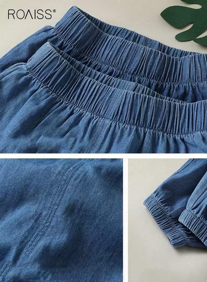 رويس بنطلون جينز للأطفال الصغار للصيف، بنطلون جينز بخصر مطاطي مع تطريز حيوانات، بنطلون كاجوال متعدد الاستخدامات، مناسب للارتداء اليومي والأنشطة الخارجية - Image 4