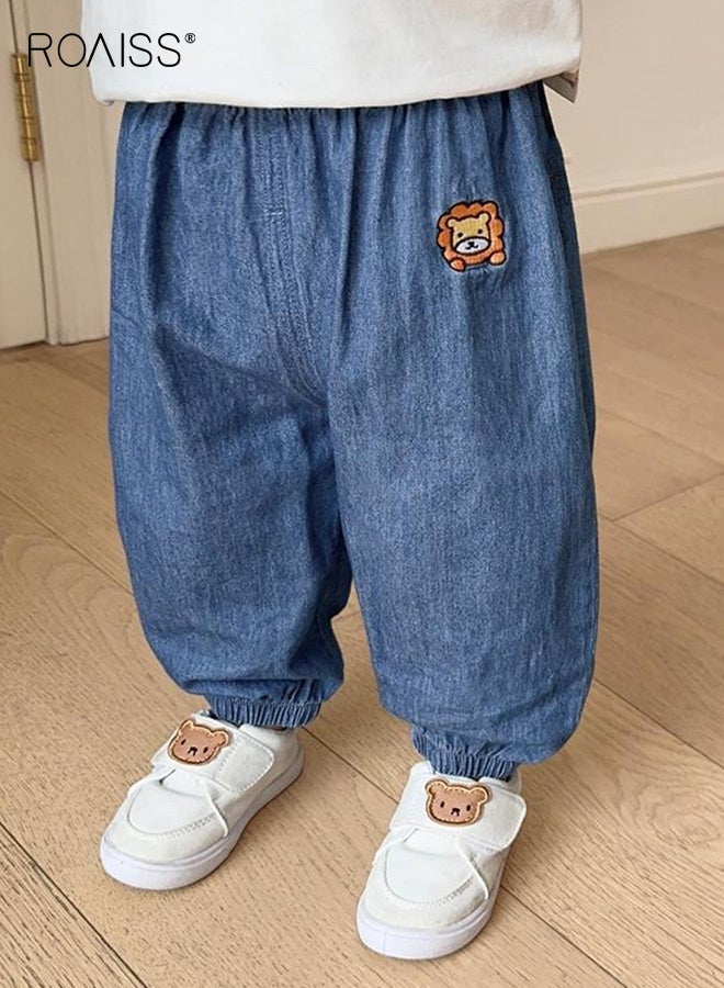 رويس بنطلون جينز للأطفال الصغار للصيف، بنطلون جينز بخصر مطاطي مع تطريز حيوانات، بنطلون كاجوال متعدد الاستخدامات، مناسب للارتداء اليومي والأنشطة الخارجية - Image 3